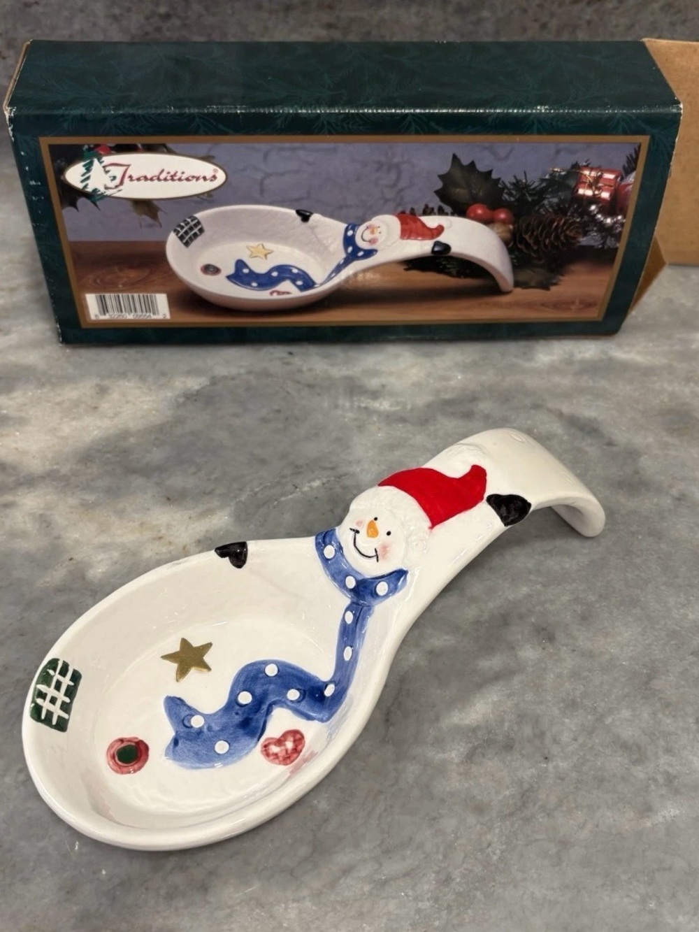 VINTAGE in Box Tradition Ceramic Snowman Spoon Rest Christmas Kitchen Winter 8”